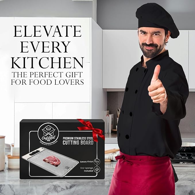 Chef’s Steel Pro 15”×10” Premium 304 Stainless Steel Cutting Board – 4-in-1 Double-Sided with Knife Sharpener, Garlic Grater, Wheat Straw PP & TPR Non-Slip, Dishwasher Safe, Includes Eco Sponge