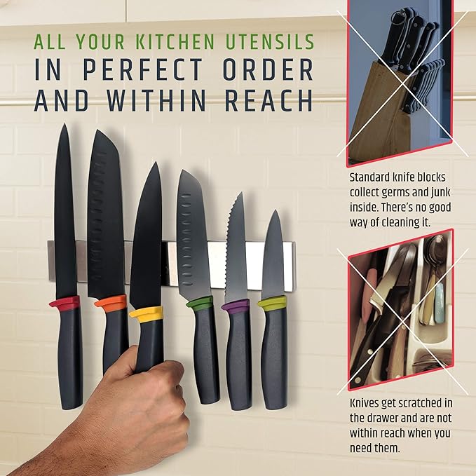 Premium Stainless Steel Magnetic Knife Holder for Wall - 10 Inch Professional Magnetic Knife Strip - Space-Saving Knife Rack/Knife Bar With Powerful Magnetic Pull Force (Upgraded Version)