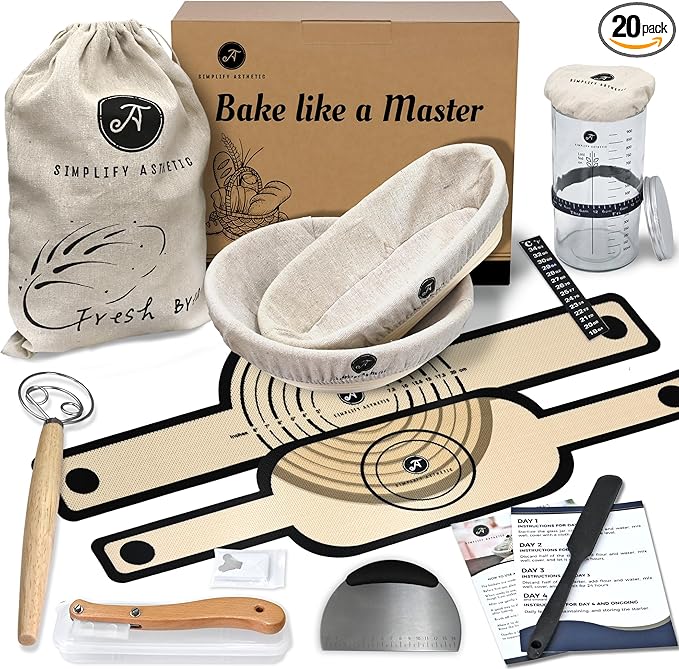 Premium Banneton Bread Proofing Baskets - A Complete Sourdogh Bread Baking Kit - Sourdough Starter Jar Kit 1000ml, Round and Oval Slings