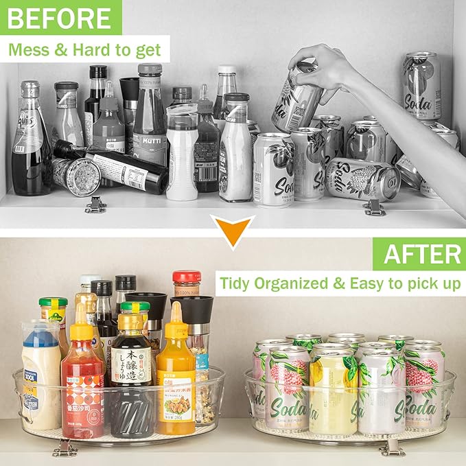 3 Pack Lazy Susan Organizer for Pantry Storage with Non-Skid Liner, 12" Clear Rotating Lazy Susan Turntable for Coner Cabinet, Kitchen Sink, Bathroom, Countertop, Lift-up Design for Easy Moving