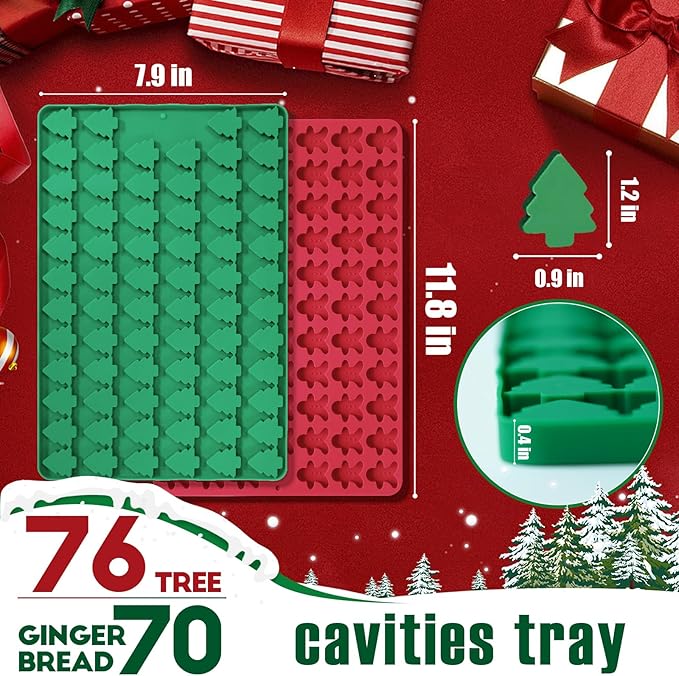 Christmas Mini Candy Molds with Xmas Tree and Gingerbread Man Shaped, 152 Cavity Non-Stick Food Grade DIY Handmade Set for Gummy Jelly Dog Treat Wax Melt Gifts Baking Supplies