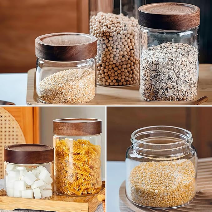 28 Fl oz/850 ml Glass Food Storage Jar, Premium Clear Glass Container Jar with Airtight Wooden Screw Lid, Kitchen Canisters for Coffee,Tea,Pasta,Cookies, Nuts,Spice,Candy,Overnight Oatmeal（Medium）