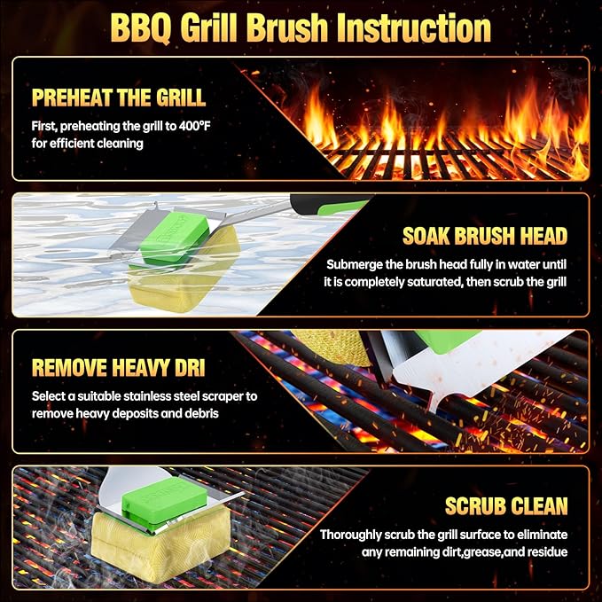 Grill Brush Bristle Free for Outdoor Grill, Steam Grill Cleaning Brush Replaceable BBQ Cleaner Brush Head,Extended Handle, Safe Grill Brush with Scraper for Cast Iron Stainless-Steel Grates,Green