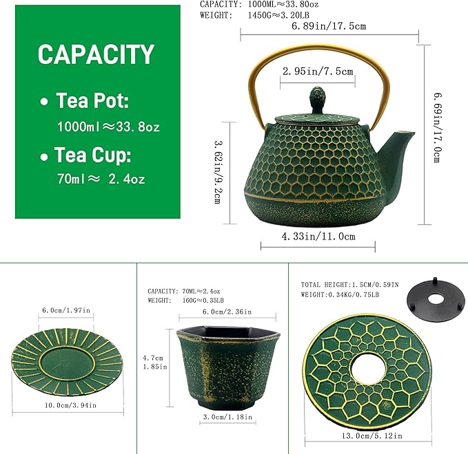 YJX Cast Iron Teapot and Tea Cups Set, 33.8oz Hexagon Pattern Tea Set with Cups and Cup Mats, Enameled Tea Kettle for Stovetop, Durable Tea Pot Set with Stainless Steel Infuser for Loose Leaf