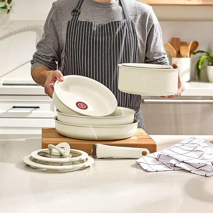 T-fal Ingenio Essentials Cookware Set with Detachable/Removable Handle 11 Piece, Granite Titanium Non Stick, Induction, Oven Broiler Safe 500F, Stackable, Pots and Pans Set, RV Camping, Fry Pans Beige