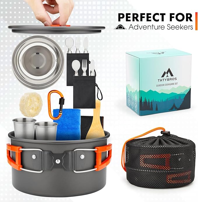 17pcs Camping Cookware Kit, 0.45Gal Pot, 7inches Pan,0.30Gal Kettle Set with 2 Set Stainless Steel Cups Plates Forks Knives Spoons for Hiking