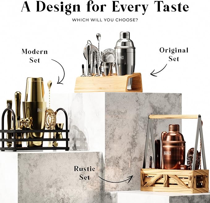 BARE BARREL® Mixology Bartender Kit Bar Set | 14-Piece Cocktail Shaker Set | Martini Barware Mixing Tools for Home Bartending | Incl. 35 Recipe Cards | Gift Set (24oz Cobbler Shaker, Brass/Black)