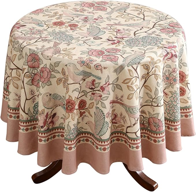 patdrea Designer Vintage Round Tablecloth,Pink Linen Table Cloth with Birds Pattern,Colorful Decoration French Table Cover for Kitchen Dining,Party,Thanksgiving,Christmas,Diameter 67"-Kulom a