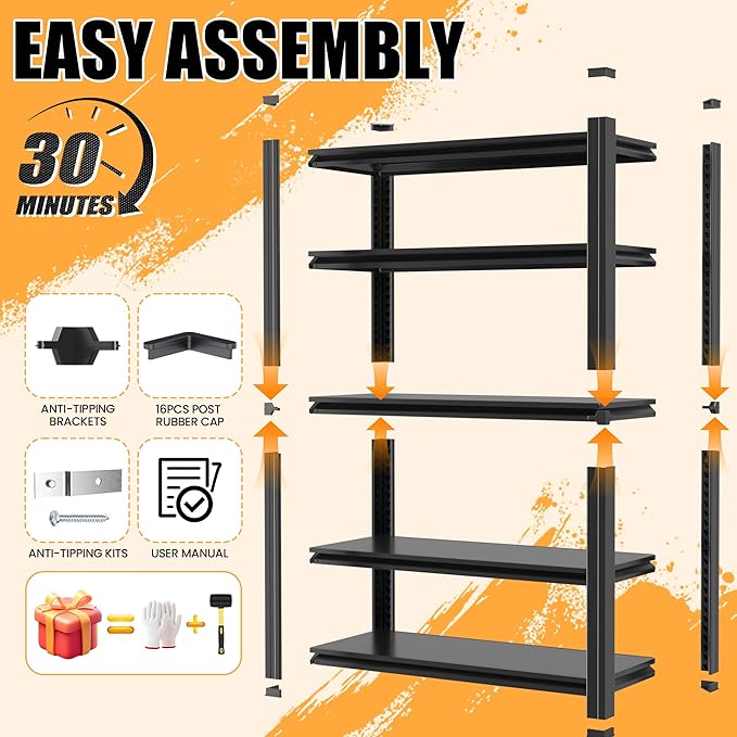 62" H Garage Shelving, Heavy Duty Storage Shelves, Garage Storage Shelves, Adjustable 5 Tier Metal Shelving Unit, Utility Shelves for Warehouse Backyard, 62" H×27.6" W×12" D