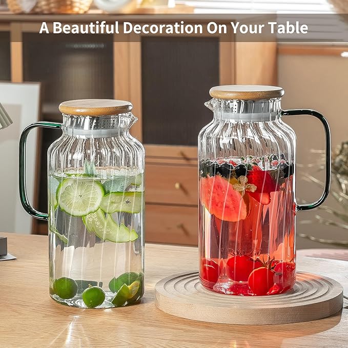 2 PACK Glass Pitcher with Lid, 68 oz/ 2 Liter Classic Vertical Stripes Water Pitcher with Bamboo Lids,Glass Water Carafe for Cold Brew, Coffee, Lemonade, Iced Sun Tea,Beverage,Milk