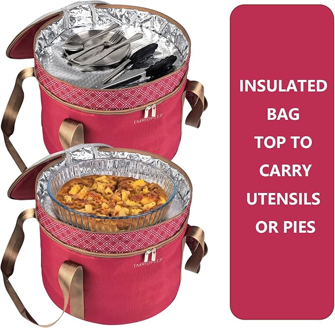 2 Pack Pie Carrier with Lids and Handles, Loadable Cupcake or Pizza Storage Containers, Includes Insulated Bags and Insulated Non-Slip Pads, Perfect for Transportation (Red)