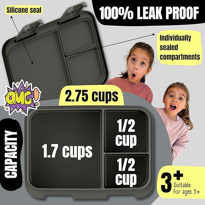 BEARFOOT Kids Lunch Box with Compartments – Compact & Lightweight | Leak-Proof, BPA-Free, Dishwasher & Microwave Safe | Hand-Drawn Design for Preschool, School, Travel (Black, 2.75 Cups)
