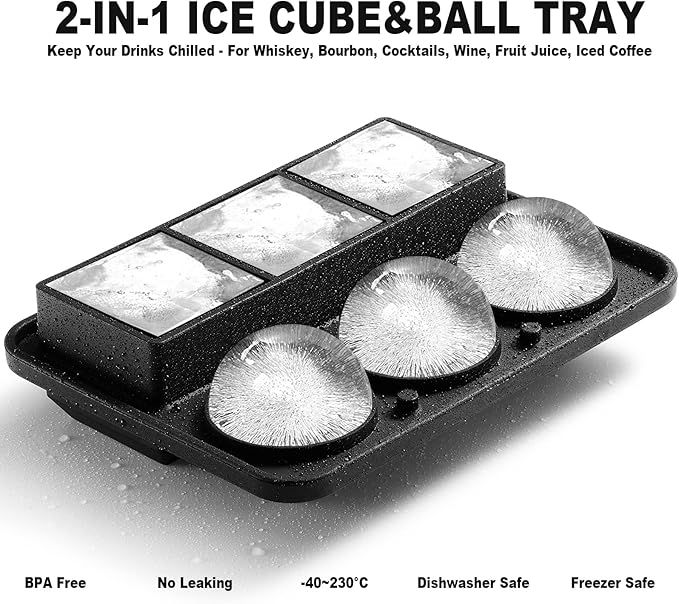 Nax Caki Ice Cube Molds Tray, Large Silicone Whiskey Ice Mold,2-in-1 Round Sphere Ice Ball Maker & Square Ice Trays for Cocktails, Bourbon, Whiskey Gifts for Men from Daughter Wife Son Kids… Black