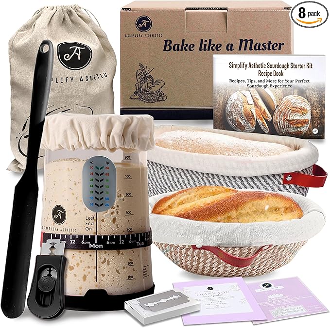 Sourdough Starter Kit with 35oz Jar, 2 Cotton Rope Proofing Baskets (9" round & 10" oval), Recipe Book,Thermometer, Bread Lame, Silicone Spatula & Bread Bag - Complete Sourdough Baking Supplies &Tools