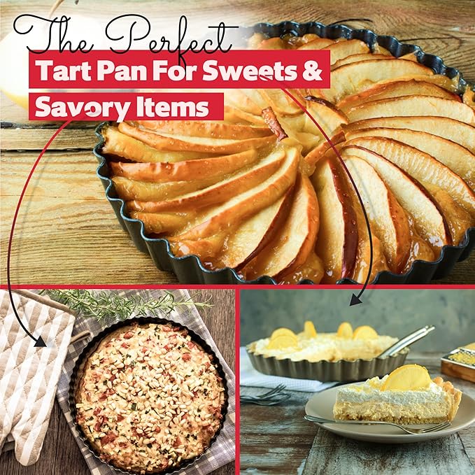 Tart Pan 9 Inch Removable Bottom- Carbon Steel Quiche Pan, Rust & Temperature Resistant Quiche Baking dish 550-600 °F- Non-Stick, Sturdy & Dishwasher Safe- Perfect for Baking Tarts