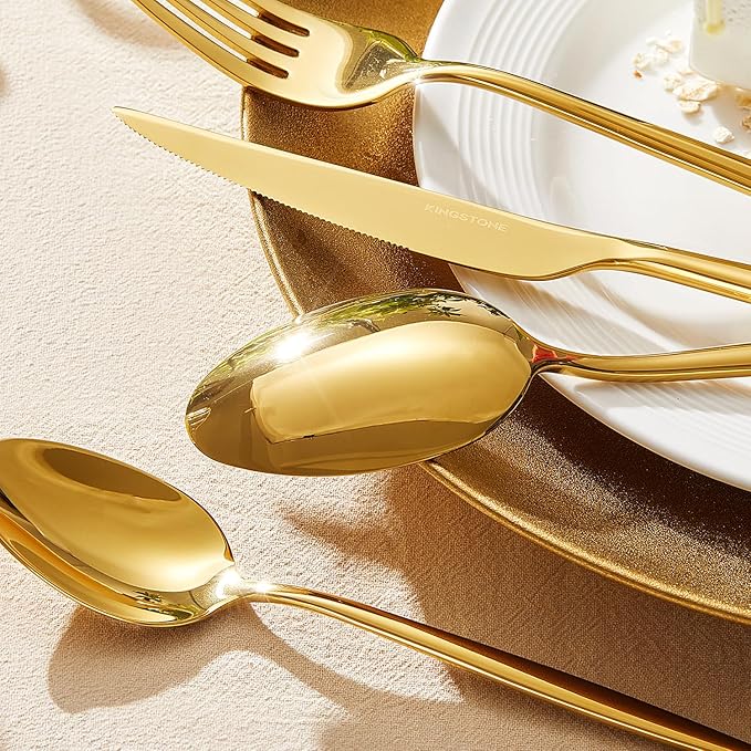 KINGSTONE Silverware Set, 40-Piece Flatware Set Cutlery Set Premium 18/10 Stainless Steel, Tableware Include Forks Knives Spoons for Home Kitchen Restaurant Wedding, Dishwasher Safe, Gold