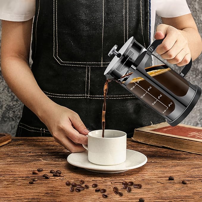 French Press Coffee Maker (21oz 600ML 3-4Cup) Coffee Press, with 4 Filters System, Heat Resistant Thickness Borosilicate Glass, Cold Brew Coffee Tea Pot Gifts (Bright Black)