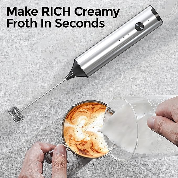 YARRAMATE Rechargeable Milk Frother Wand Handheld With Stand, 3 Speed Adjustable Drink Mixer with 2 Whisks, Stainless Steel Electric Stirrer for Coffee, Lattes, Protein Shakes, Matcha, Egg