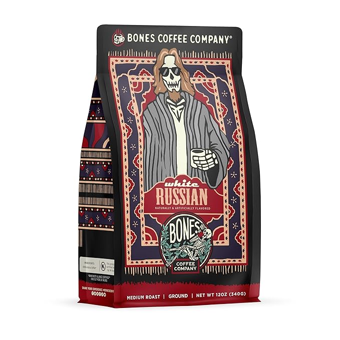 Bones Coffee Company White Russian, Cream and Cocktail Flavored Coffee, Medium Roast Low Acid Arabica Beans Compatible with Auto drip and French Press Coffee Maker, 12 Oz Ground