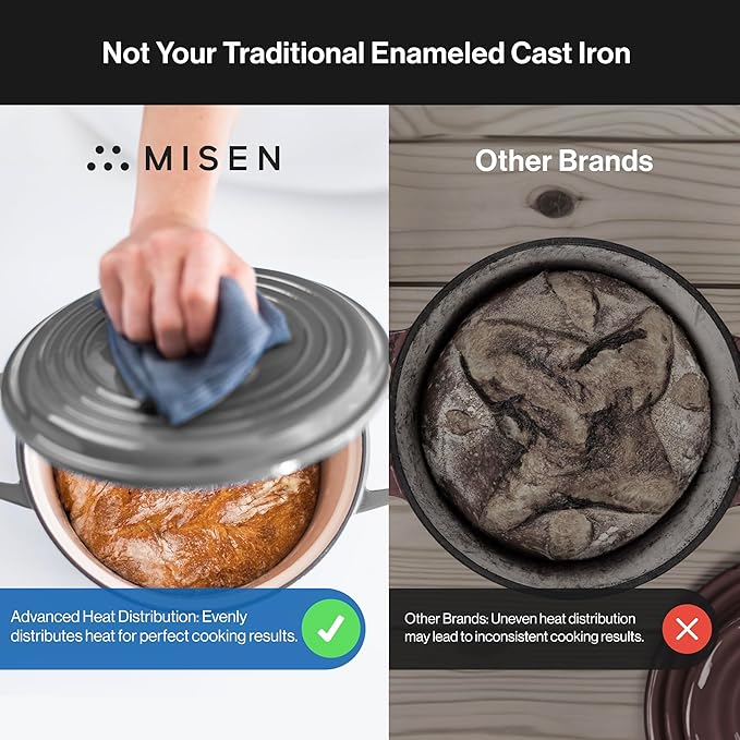 Misen 7 QT Enameled Cast Iron Dutch Oven - Chip-Resistant Enamel Coating - Thick Iron Core For Heat Retention - Large Cooking Surface - Oven Safe, Induction Compatible - Grill and Silicone Lid, Gray