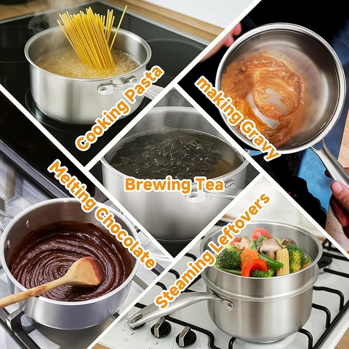 2.5 Quart Stainless Steel Saucepan with Steamer Basket, 18/10 Tri-ply Full Body, Multipurpose Sauce Pot with glass Lid, Perfect For Boiling Gravies, Pasta, Noodles