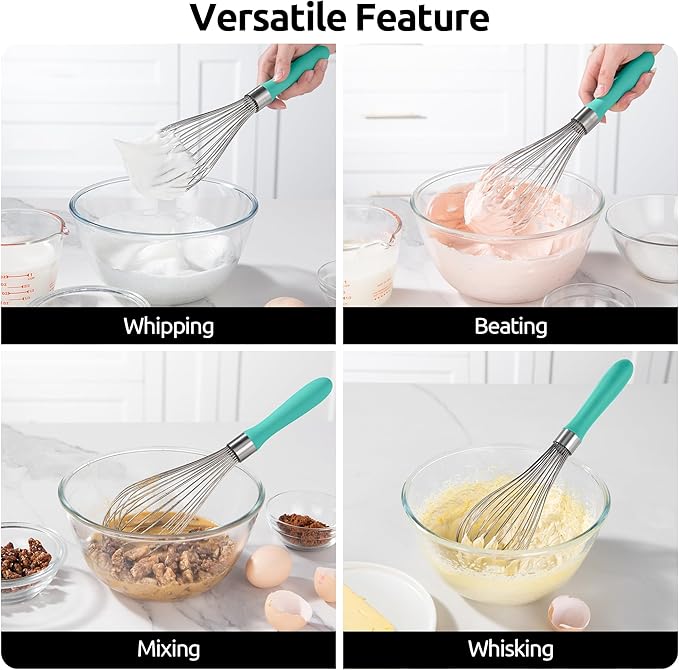 U-Taste Balloon Whisk for Cooking: 18/10 Stainless Steel Kitchen Wire Whisk, 12in Large Heavy Duty Egg Beater, Manual Mixing Tool with 12 High Flex Wires for Stirring, Blending Sauce (Aqua Sky)