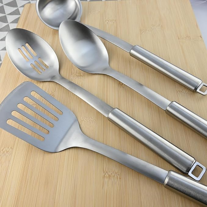 18/0 Stainless Steel Kitchen Cooking Utensil Set, Ergonomic Handle, Dishwasher Safe, Slotted Spoon, Ladle, Turner, Serving Spoon for Housewarming Daily Use Commercial, Pack of 4
