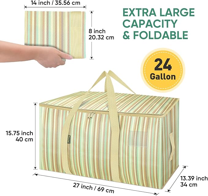 BALEINE 2-Pack Oversized Moving Bags with Reinforced Handles, Heavy-Duty Storage Tote for Clothes, Moving Supplies (Color Strip, 2-Pack)