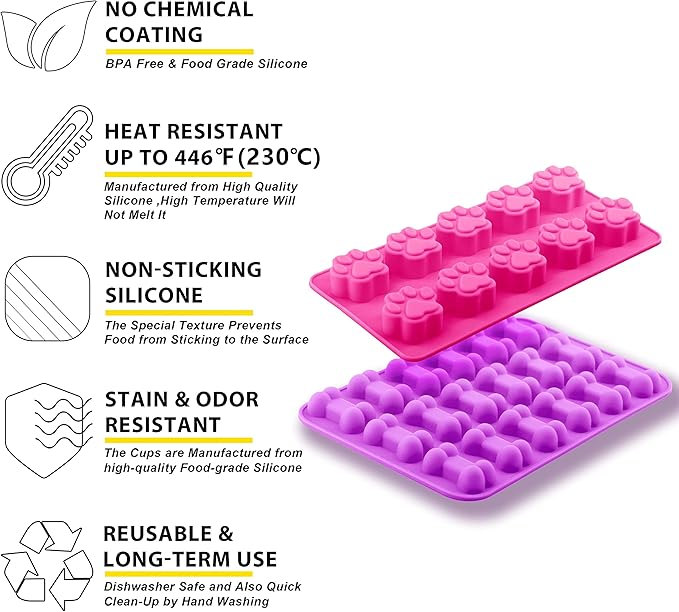 Anaeat Reusable Silicone Molds with Puppy Dog Paw and Bone Shaped, Flexible & Non-Stick Ice Cube Tray, Candy and Chocolate Making Mold for Homemade Baking Dog Treats, Jelly, Biscuit & Cupcake (2 Pack)