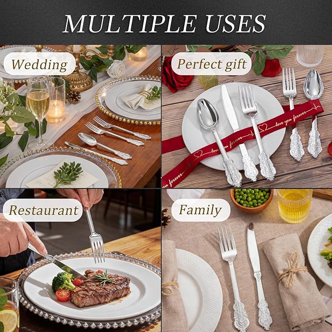 WDF 200 Pieces Silver Plastic Silverware Disposable - 50Guests Silverware Plastic Cutlery - Disposable Utensils Includes 100 Forks, 50 Spoons, 50 Knives Perfect for Christmas Wedding or Party