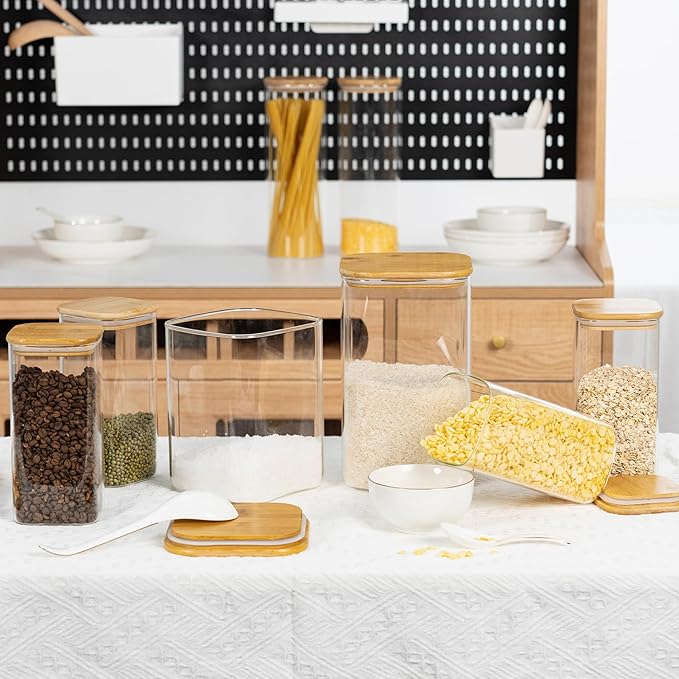 156oz Airtight Glass Square Storage Canister with Bamboo Lid Set of 2(4600ml*2) Large Gallon Glass Jars for Sugar, Flour, Cookies and Coffee beans (‎with Black Lable)