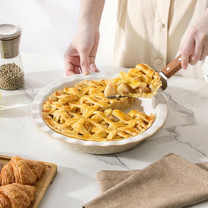 MALACASA Pie Pan, Stoneware Pie Dish for Baking, 45 OZ Deep Dish Pie Pans 9 Inch, Embossed Quiche Baking Dish for Oven, Fluted Dish Pie Plate for Apple Pie, Pot Pie and Quiche, Set of 1, Series LYDIA