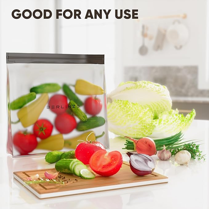BERLINZO Large Reusable Ice Storage Bag - Freezer Safe Leak Proof Silicone and Plastic-Free Lunch Bag for Ice and Food Storage - BPA-Free XL Size