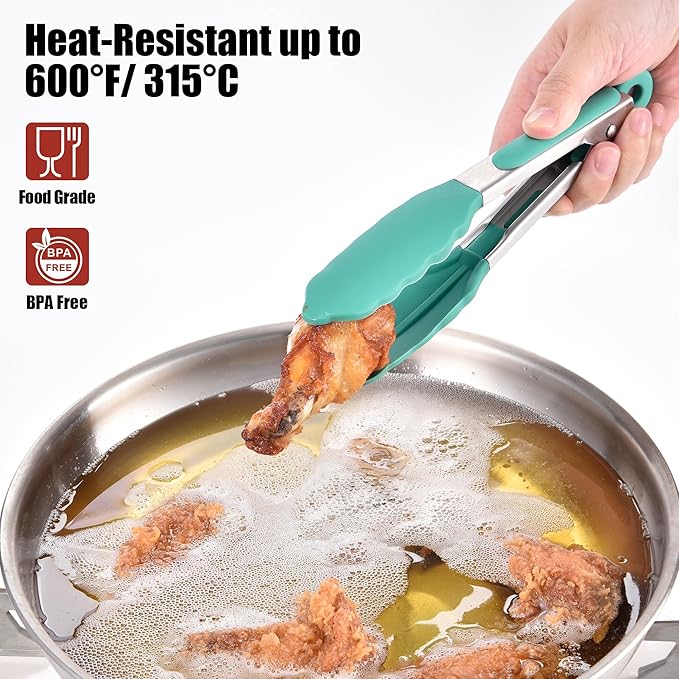 Doosu Kitchen Tongs for Cooking - 600°F Heat Resistant Food Tong with Non-Scratch Silicone Tips, Heavy Duty Stainless Steel Locking Tong for BBQ, Grilling Steak, Serving Salad, Pasta (7in, Aqua Sky)
