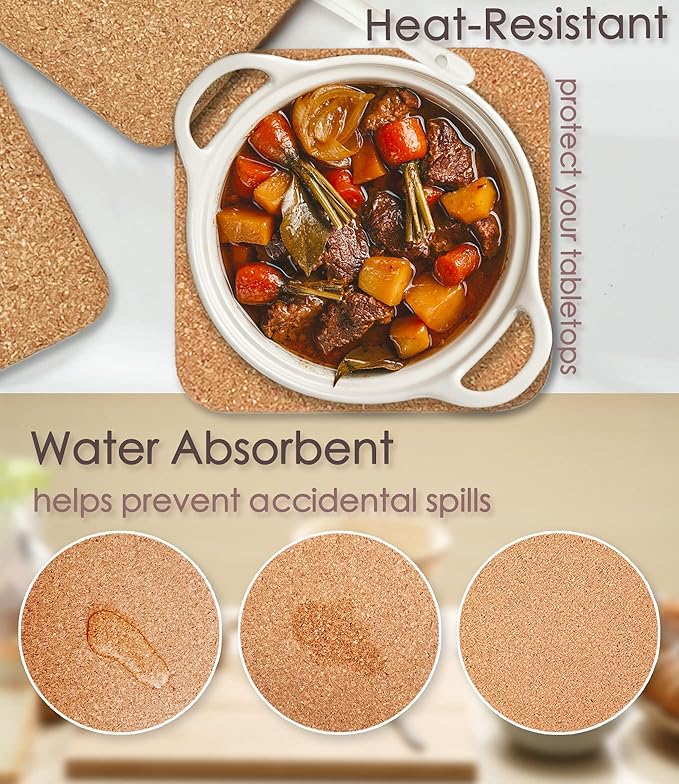 Cork Trivet, 4 Pcs High Density Thick Square Cork Trivets for Hot Dishes, 8 Inch Heat Resistant Multifunctional Cork Coaster, Cork Hot Pads for Table & Countertop