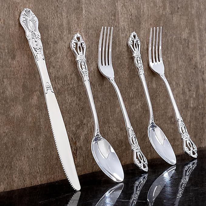 40PSC Silver Plastic Cutlery - Vintage Silver Disposable Silverware - Heavyweight Plastic Utensils with 20 Forks, 10Knives, 10 Spoons For Catering, Parties, Dinners and Weddings