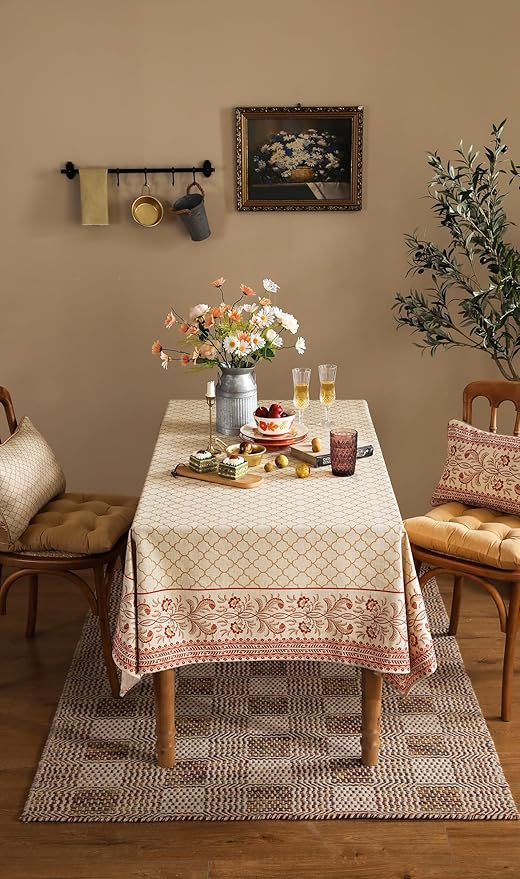 ISAENNE Designer Linen Floral Extra Long Rectangle Tablecloth,Pale Yellow Farmhouse Indoor Table Cloth,Durable Decor Tablecloths for Dining Kitchen Thanksgiving,63"*110"-Chamonix A
