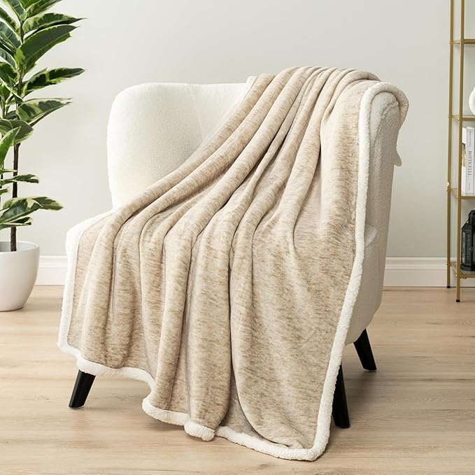 PAVILIA Melange Cream Sherpa Blanket Throw for Couch, Warm Soft Cozy Reversible Blanket Sofa Bed, Thick Plush Large Fleece Car Blanket, Decorative Home Room Decor Gifts Men Women, 50x60 Ivory Beige
