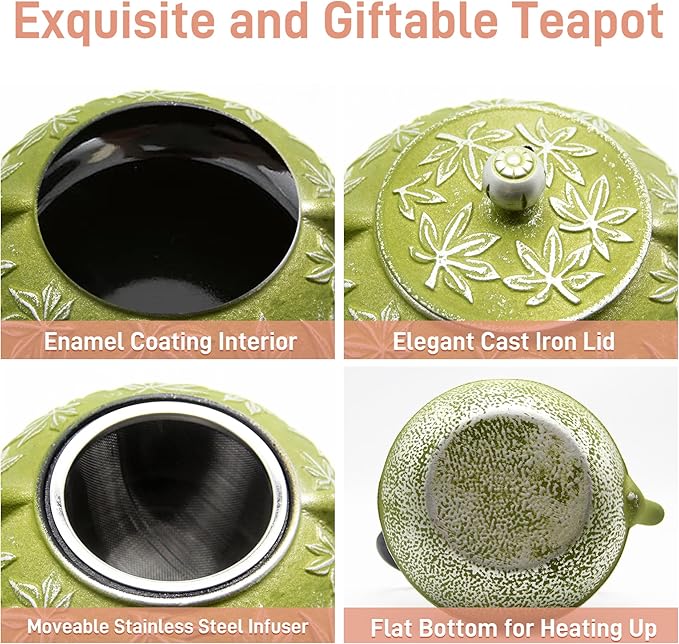 Cast Iron Teapot Tea Kettle with Stainless Steel Infuser for Stovetop Safe Coated with Enameled Interior Japanese Tetsubin with Maple Leaves Pattern(30.4oz/900ml) (Color-2)