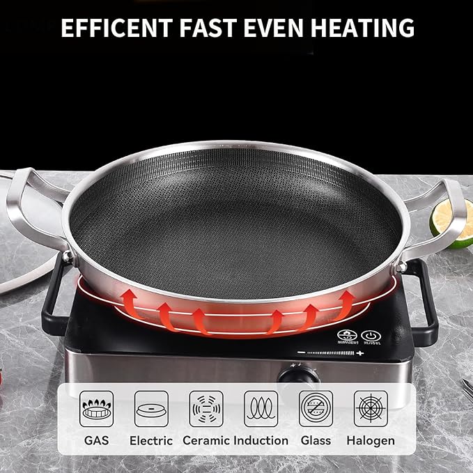 DELARLO 13 Inch Tri-Ply Stainless Steel Paella Pan with Lid Nonstick Frying Pan, Hybird Induction Large Skillets,Great for Paella Parties Indoors Outdoors,Heavy Duty Style
