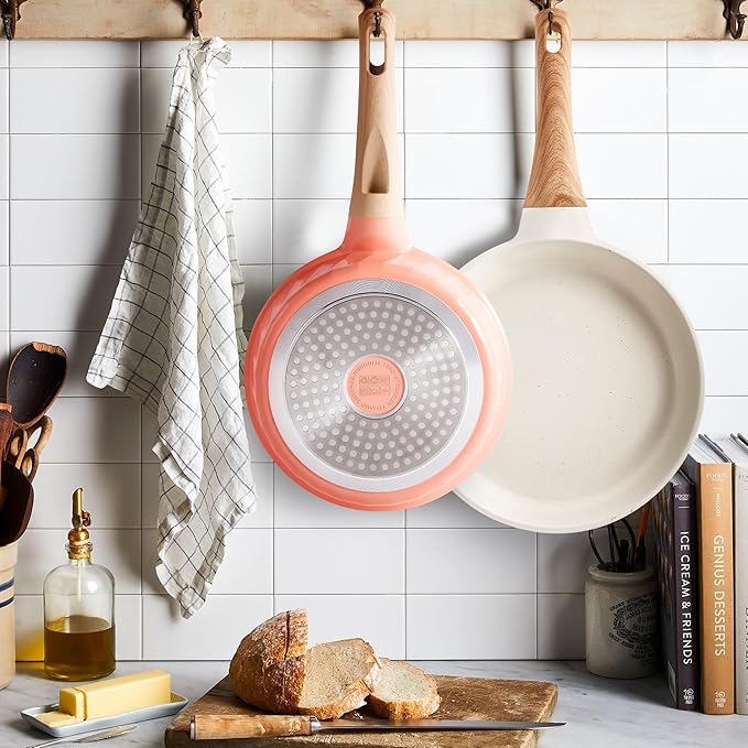 Frying Pans Non stick - 3 PCS Nonstick Frying Pan Set Omelette Pans for Cooking Set, Granite Skillet Set Kitchen Induction Cookware Chef's Pan Gift, 8", 9.5" &11", Coral Pink