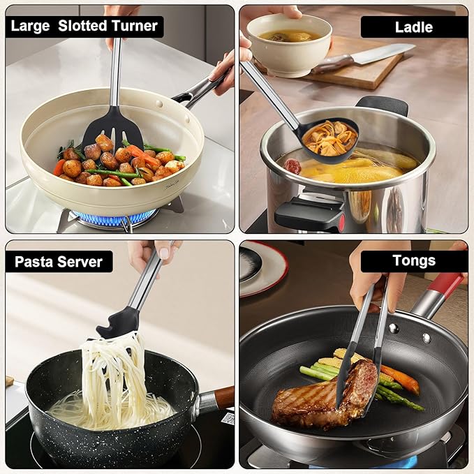 Silicone Cooking Utensils Set, Vayvnt 8 PCS Kitchen Utensils Set with Stainless Steel Handle, Heat Resistant Kitchen Tools for Nonstick Cookware, Large Spatula Spoons Turner, Dishwasher Safe, Black
