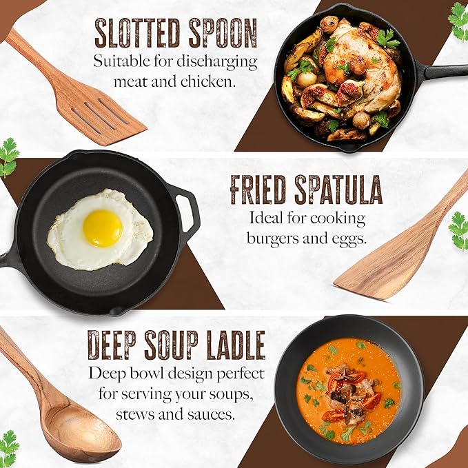 INTAJ Premium Teak Wooden Spoons for Cooking – 9-Piece Kitchen Utensils Set, Durable & Nonstick Safe, Eco-Friendly,Ergonomic Stir, Mix, Scrape & Serve – Ideal for Nonstick,Cast Iron & Ceramic Cookware