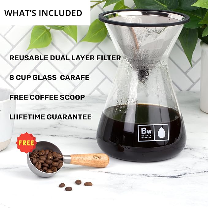 Barista Warrior Pour Over Coffee Maker Set – Pour Over Kit Includes Large Glass Carafe, Reusable Dripper Filter, and Coffee Scoop – 8 Cup Drip Brewer (34oz | 1000ml)