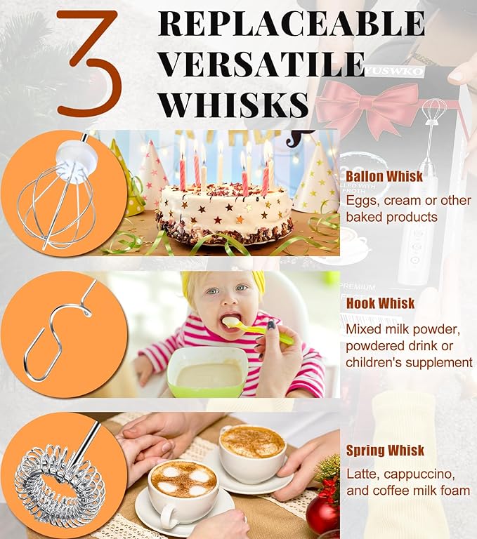 YUSWKO Milk Frother Handheld for Coffee, Rechargeable Drink Mixer with 3 Heads 3 Speeds Electric Coffee Frother Whisk, Gift for Many Occasions and Festival