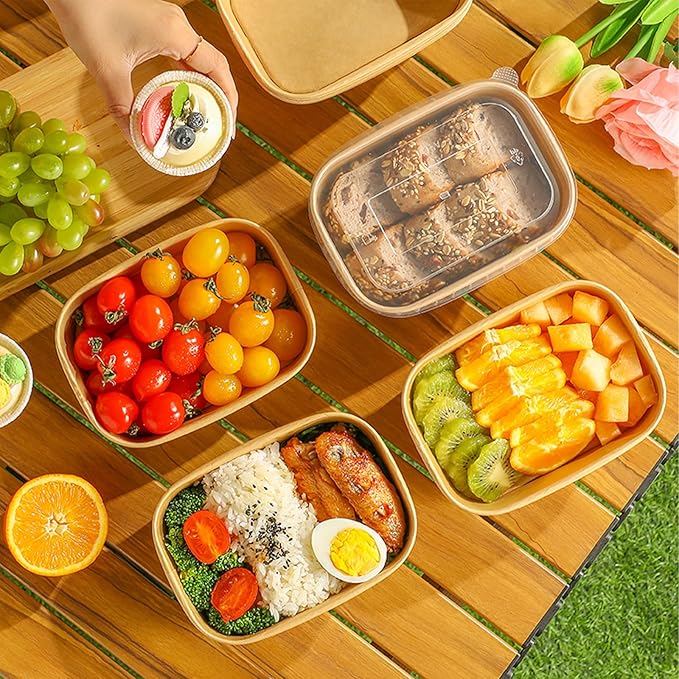 DI QIU REN 50-Pack 29oz Disposable Kraft Paper Bowls【with Lids and Forks】, Meal Prep Containers Disposable Large Paper Bowls Leakproof Take Out To Go Food Containers, Microwave Safe for Hot/Cold Food