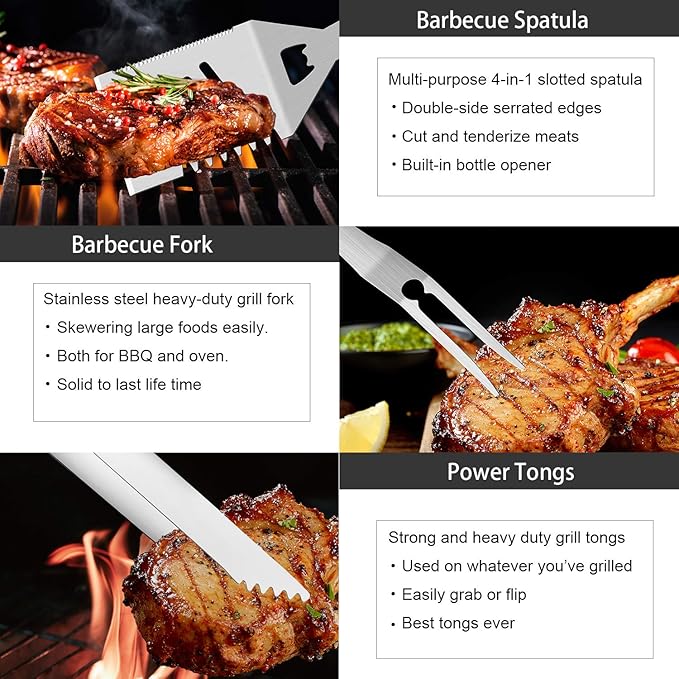 ROMANTICIST 30pcs BBQ Grill Tool Set for Men Dad, Heavy Duty Stainless Steel Grill Utensils Set, Non-Slip Grilling Accessories Kit with Thermometer, Mats in Aluminum Case for Fathers Day Black