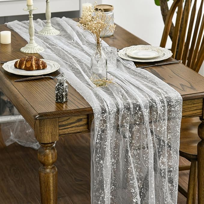 Artoid Mode 3Pcs White Silver Gauze Table Runner 120 Inch 10FT, Glitter Metallic Foil Sheer Dining Wedding Anniversary Holiday Birthday Table Decor for Home Party