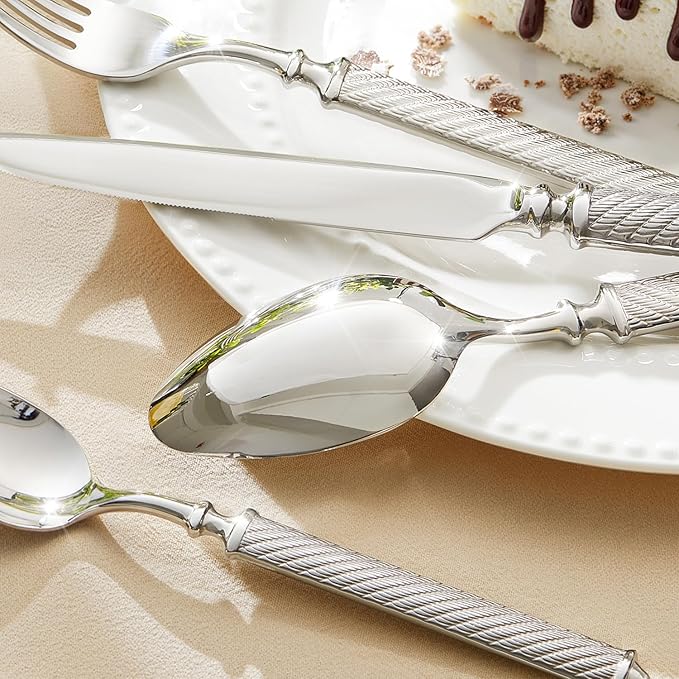 KINGSTONE Retro Rope-Pattern Silverware Set, 40-Piece Flatware Set Cutlery Set Forged with Handcrafted Texture Handles 18/10 Stainless Steel, Dishwasher Safe