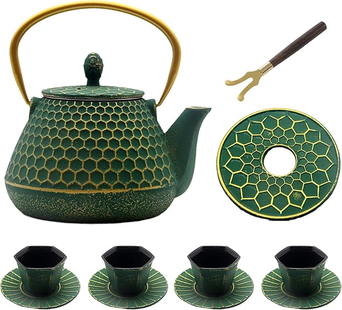 YJX Cast Iron Teapot and Tea Cups Set, 33.8oz Hexagon Pattern Tea Set with Cups and Cup Mats, Enameled Tea Kettle for Stovetop, Durable Tea Pot Set with Stainless Steel Infuser for Loose Leaf